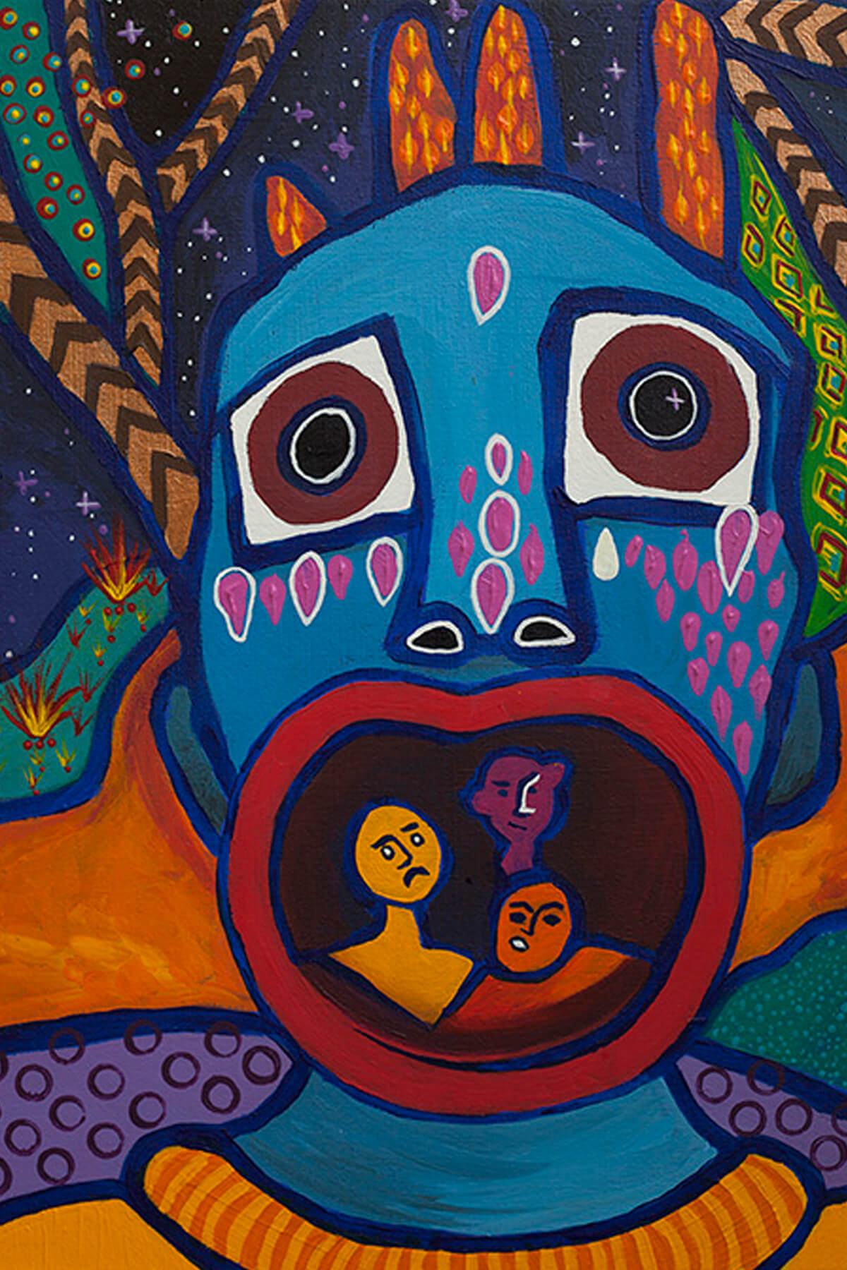 A painting in bright bold colors set against a starry night sky, a face or mask of blue with pink designs on its cheeks holds its mouth open in a near perfect circle. Within the red circle of the mouth three smaller figures can be seen, from head to shoulders, one yellow, one orange, one purple. Behind the blue head, a fanstasy landscape of stripe patterned, polka dot patterned, and diamond patterns tree trunks and verticals.