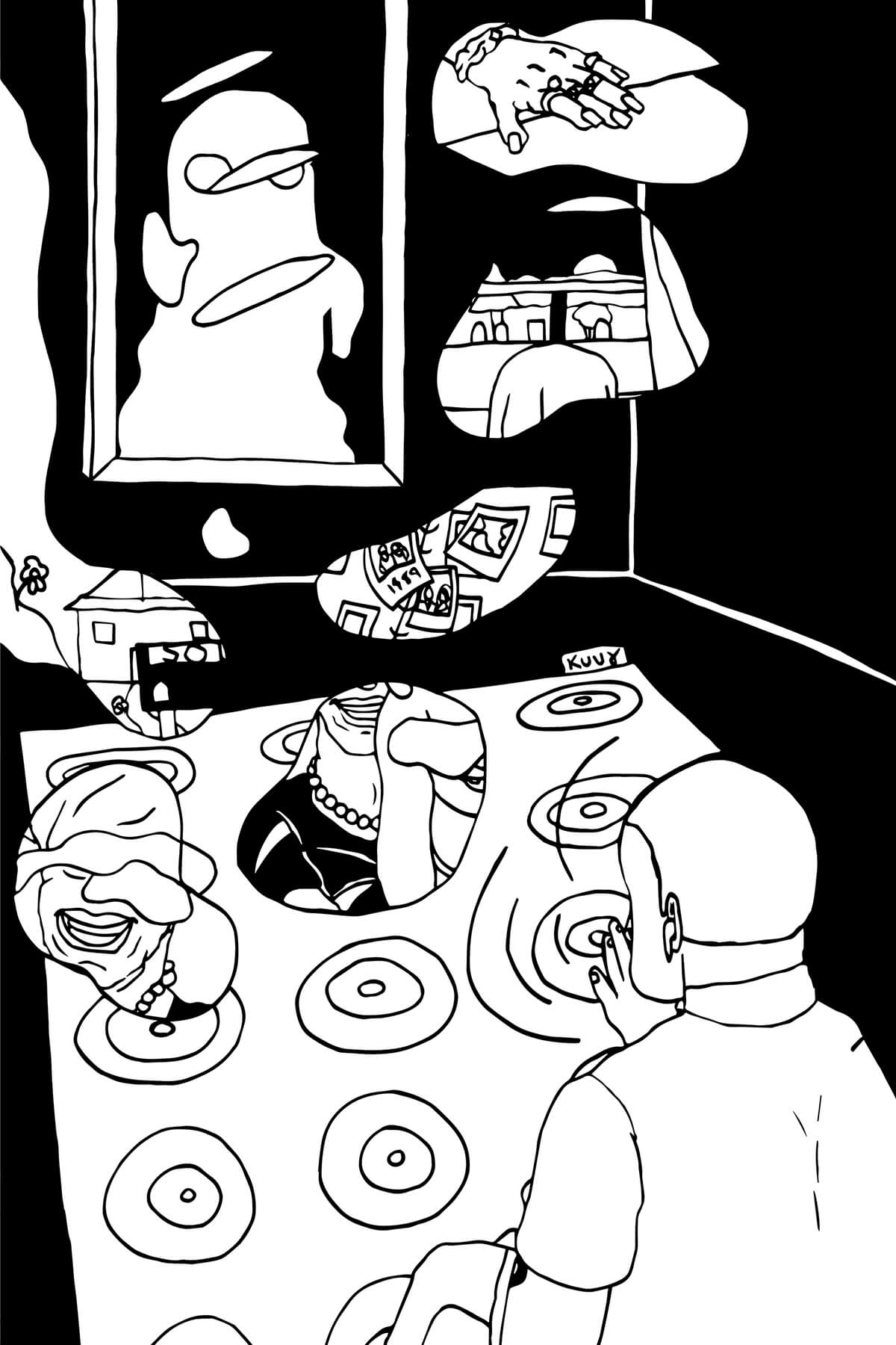 A black and white drawing of a person spinning LPs in a darkened room. There are many records pictured, and from many of them bubbles arise that have small drawings of memories inside.
