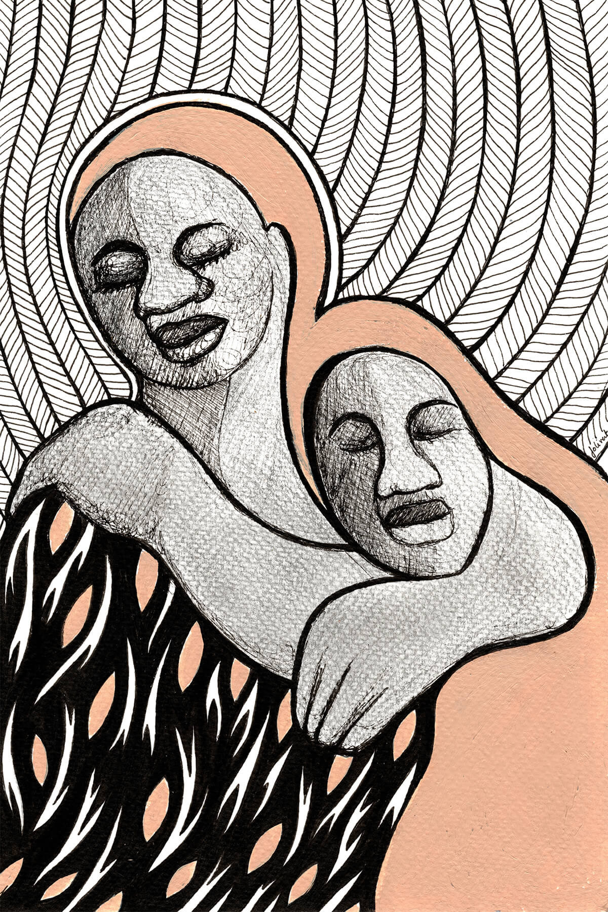 A stylized ink drawing of two female faces, one taller and older and the other smallers, embracing with eyes closed and arms wrapped around one another. The taller woman is in a pattenred dress with pink black and white shapes. The two figures' hair is painted in flat pink and blends together into a single shapre flowing around them. The background above is curved, parallel lines with patterned hatching.