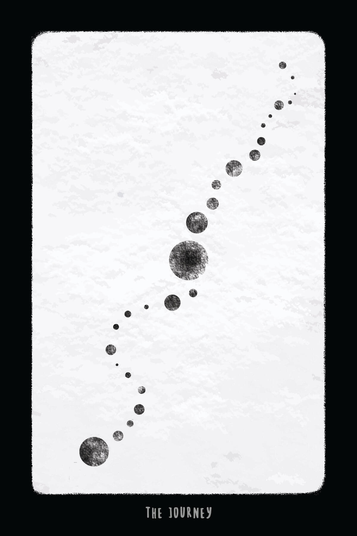 A black and white drawing of a trail of circles that are shaded to look like the surface of the moon. There is a black border around the image and the words "the journey" are printed in the bottom border.