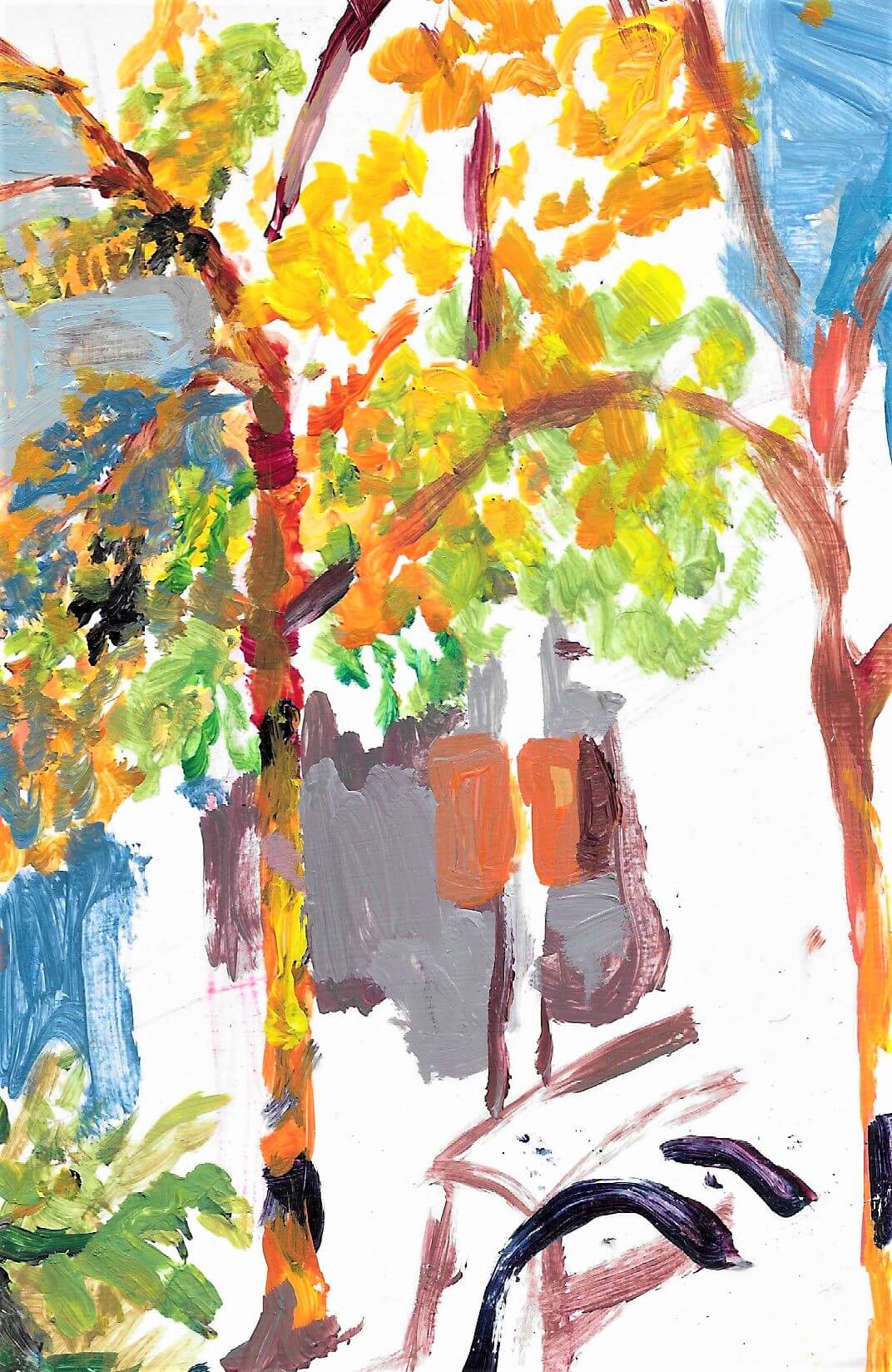 A colorful, roughly-brushed painting that features tree-like figures with orange and yellow leaves, and other items in gray and brown and blue that may refer to the built environment.