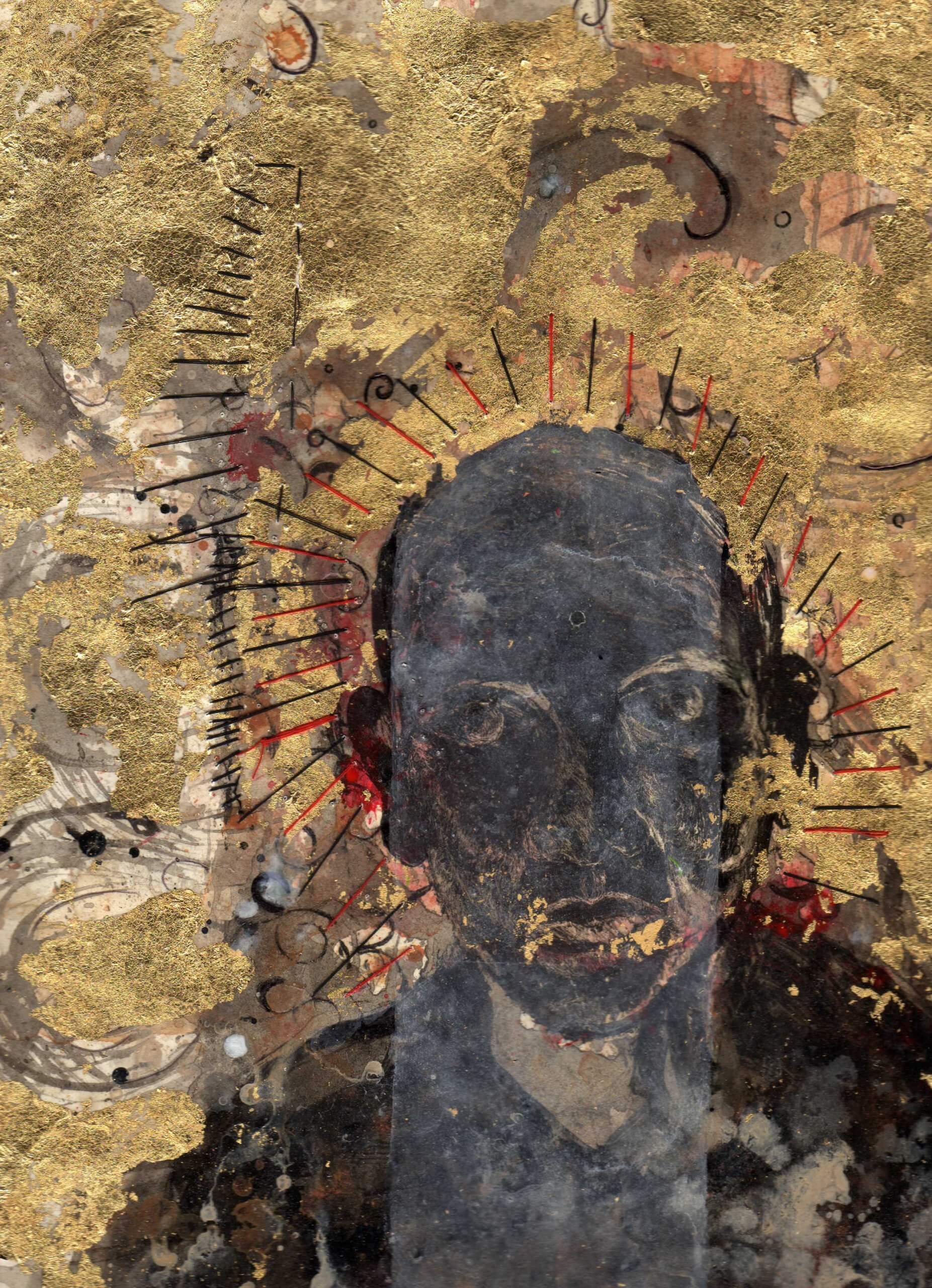 A mixed media painting of a Black man's head on a metallic gold highly texture background. The man seems to have a halo of red and black lines and his mouth is also gold.