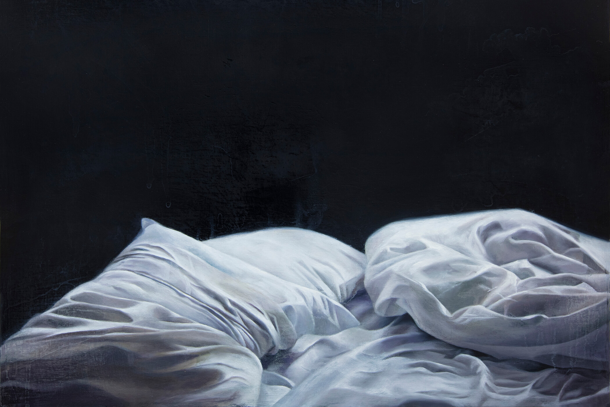 A painting of a portion of an empty bed against a dark black backround. Crumpled pillows and sheets rendered realistically in white and gray. Sheets and pillows indicate someone once slept there.