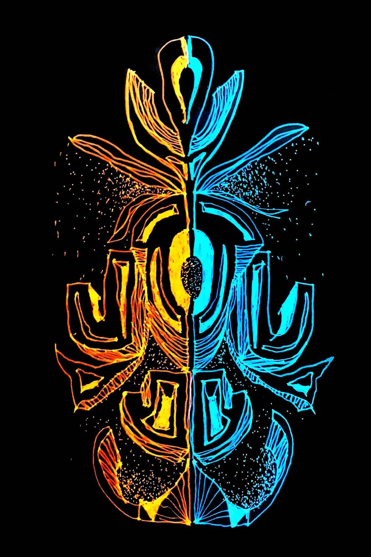 A black background with an abstract symmetrical line drawing comprised of yellow and orange lines on the left half and bright blue lines on the right.