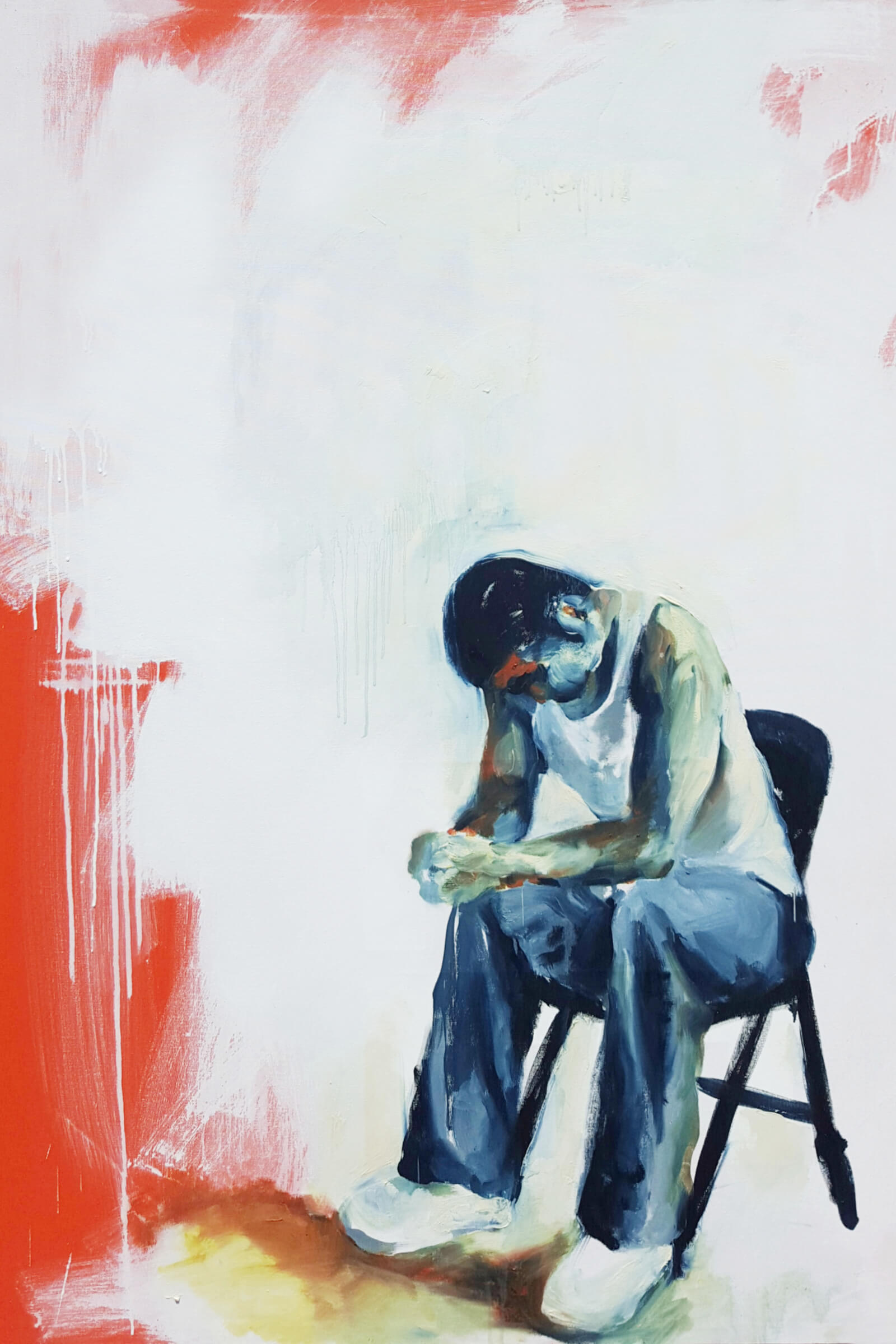 A painting in rough brushstrokes of a male figure weating blue pants and a white tanktop, seated on a black folding chair. The figure is leaning forward, elbows on knees, hands folded together, head bowed. The bakcground is broad-strokes of white paint, dripping in places, over a dark orange background.