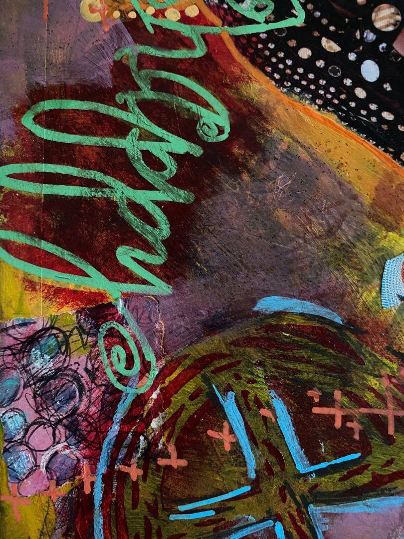 An abstract painting that has a dark background with colorful details - broad orange and purple brushstrokes, blue highlights, black scribbled lines. The word "happy" is written in cursive handwriting in bright green.