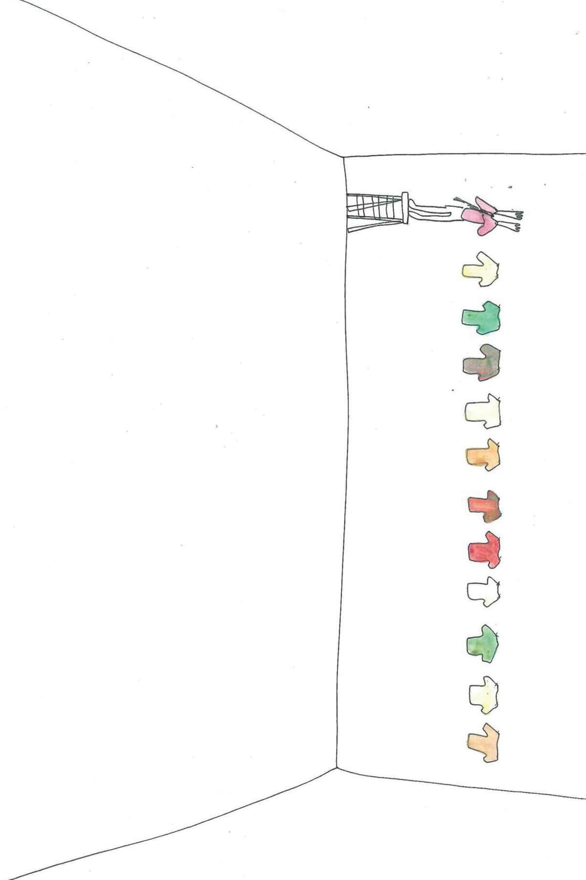 A simple line drawing on white, of a empty wall upon which 12 t-shirts are hung, in orange, green, gray, and white. On the far left, a figure stands on a stepladder and extends their arms up into the left-most pink t-shirt.